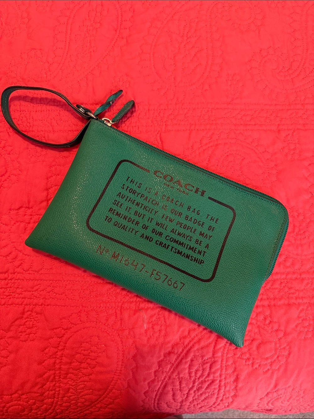 Coach Green Leather Wristlet Pouch with Black Print